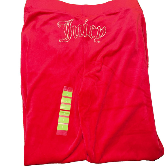 NWT Juicy Couture Velour Track Pants Red Large Rhinestone Logo Mid Rise - Picture 2 of 10